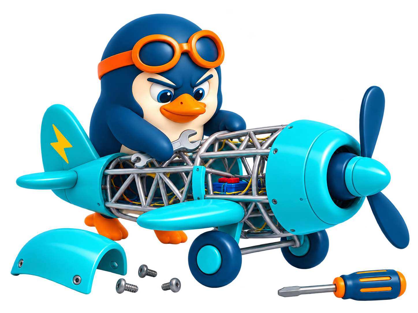 PenguinPilot mascot building an aeroplane in the beta lab
